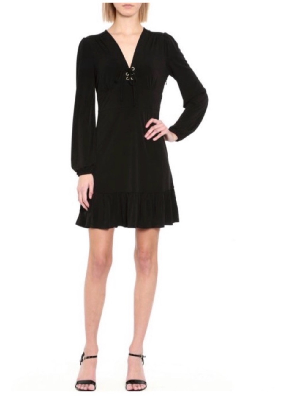 Michael Kors Black Long-Sleeve Lace-Up V-Neck Ruffle Dress